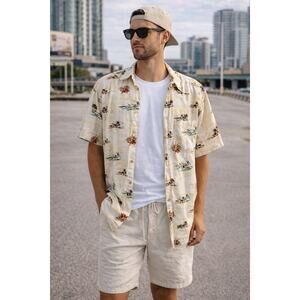 Crossings Hawaiian Shirt L Tropical Print Button Up Beach Vacation Cotton Mens
